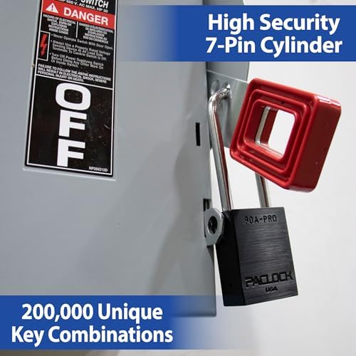 PACLOCK's 90A-PRO Padlock, 1/4" Diameter Hard. Stainless Steel Shackle, 1-3/16" Tall, High Performance 7-Pin Cylinder w/ 1 Key, Keyed Differently, Red