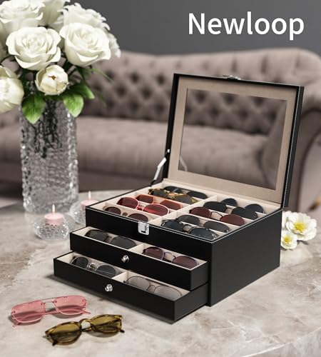NEWLOOP 10/30 Slots Sunglass Organizer for Multiple Pairs of Eyeglass See-through Display Case Storage Box for Women Men