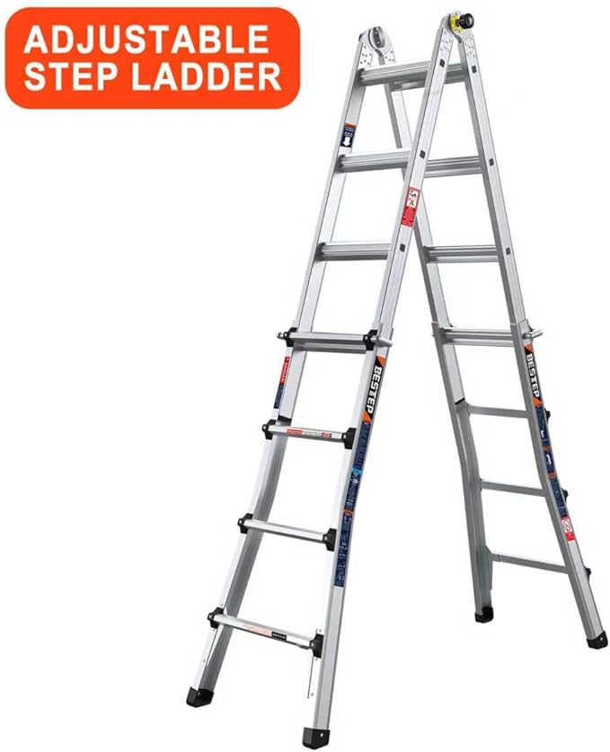 15FT Adjustable Folding Multi-Position Ladder,A Frame 4-Step Anti-Slip Ladder with Aluminum Joint,Silver,ANSI Type 1A, 300 lbs Load Capacity,Welding Construction (YQGNT-4540)