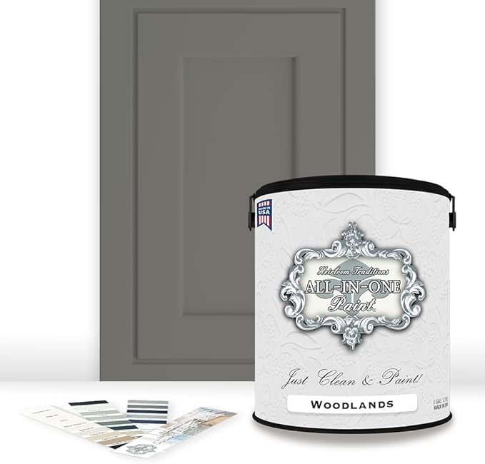 ALL-IN-ONE Paint by Heirloom Traditions, Woodlands (Muted Earthy Mossy Green), Gallon - Durable cabinet and furniture paint. Built in primer and top coat, no sanding needed. Includes our 30 featured