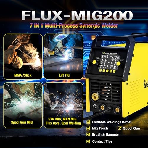 Weldpro MIG Welder, 200Amp 7-in-1 Gas MIG/Gasless Flux Core MIG/Synergic MIG/Lift TIG/MMA/Spot/Spool Gun Aluminum Multi process Welding Machine with Large LED Display, IGBT, 2T/4T, Save Job