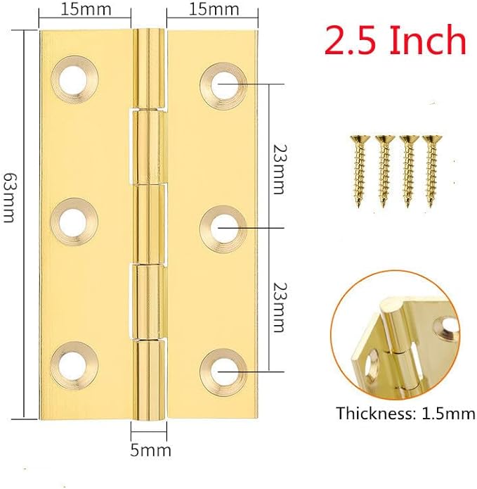 4 Pcs,Solid Brass Butt Hinge,High-end Brass Hinges Door Hinges,Folding Butt Hinges Furniture Cabinet Butt Hinges with Hinge Fixing Screws, Gold, 2.5 Inch