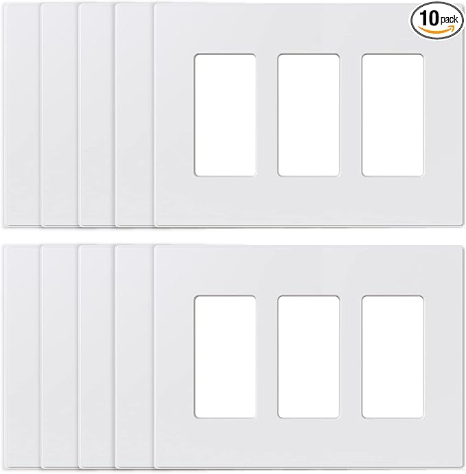 ELEGRP 3-Gang Screwless Decorative Wall Plates, Mid-Size Unbreakable Thermoplastic Faceplate Cover for Decorator Receptacle Outlet Switch, UL Listed (10 Pack, Matte White) wall plate