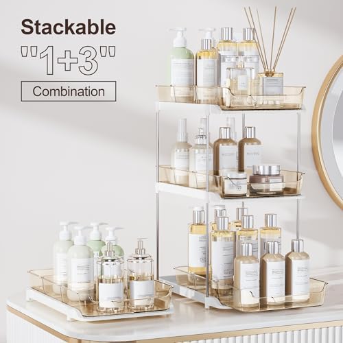 Delamu 2-Tier Multi-Purpose Bathroom Under Sink Organizers and Storage, Stackable Kitchen Pantry Organization, Pull Out Medicine Cabinet Organizer with Movable Dividers, Amber, 4 Pack
