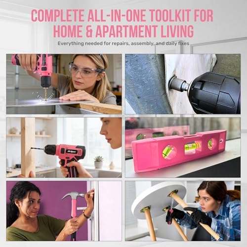 Hi-Spec 8V Cordless Drill Set & Starter Tool Kit for Women, Pink