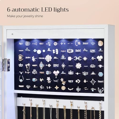 SONGMICS 6 LEDs Mirror Jewelry Cabinet, 47.2-Inch Tall Lockable Wall or Door Mounted Jewelry Armoire Organizer with Mirror, 2 Drawers, 3.9 x 14.6 x 47.2 Inches, White UJJC93W