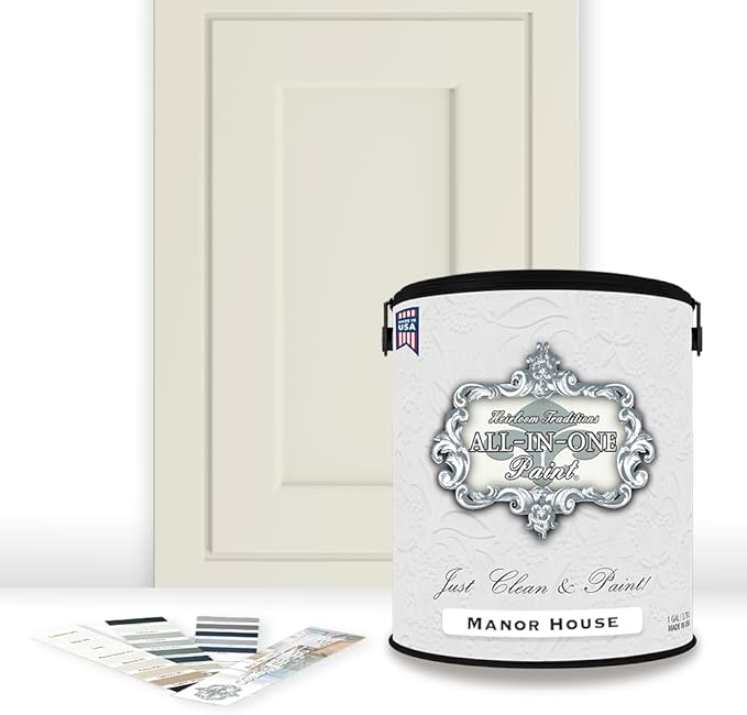 ALL-IN-ONE Paint by Heirloom Traditions, Manor House (Creamy Warm White), Gallon - Durable cabinet and furniture paint. Built in primer and top coat, no sanding needed. Includes our 30 featured color
