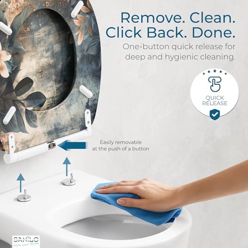 Sanilo Wooden Toilet Seat with Quick Release & Soft Close [ROUND] - Decorative & Slow Close Molded Wood Seat - With One Click for Easy Installation & Cleaning - With Adjustable Fit (Lilybud)