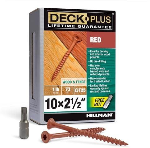 Deck Plus 2-1/2 Inch Epoxy Coated Exterior Wood and Fence Screws #10 x 2-1/2" Torx/Star Drive Included Coarse Thread, Outdoor Rust Resistant Decking Screw, Red, 1lb Box, 73 Pieces | 48429