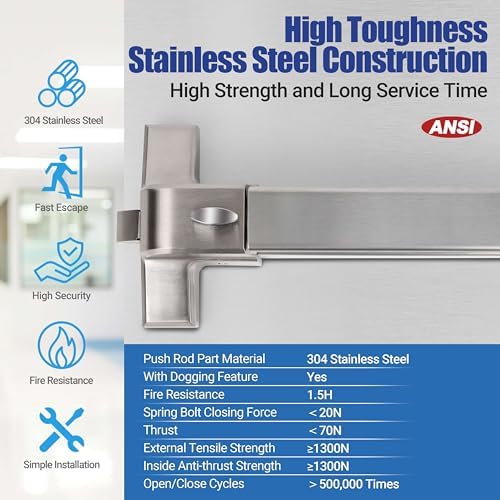 31" Commercial Push Bar Panic Exit Device with Exterior Lever Handle, 304 Stainless Steel Emergency Exit Door Hardware, Panic Bar Lock for 31"-47" Wood, Metal & Composite Doors, Reversible L/R