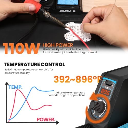 926LED V1 110W High-Power Soldering Station Iron Kit in Black with Temperature Control includes Lead-Free Solder, 6 Soldering Tips, ESD-Safe Tweezers, Solder Wire Dispenser, Tip Cleaner
