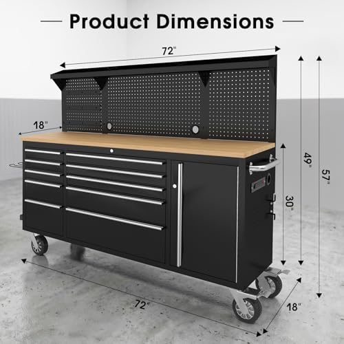 72" Rolling Tool Chest, 10 Drawers Garage Workbench Storage Tool Cabinet with Power Strip, Solid Rubber Wood Top, Pegboard, Light Strip, Mobile Workstation with Key Locking System