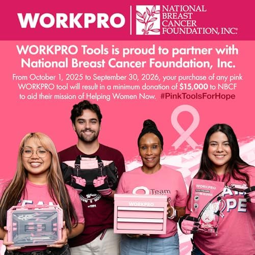WORKPRO 12V Pink Cordless Drill Driver and Home Tool Kit, Hand Tool Set for DIY, Home Maintenance, 14-inch Storage Bag Included - Pink Ribbon