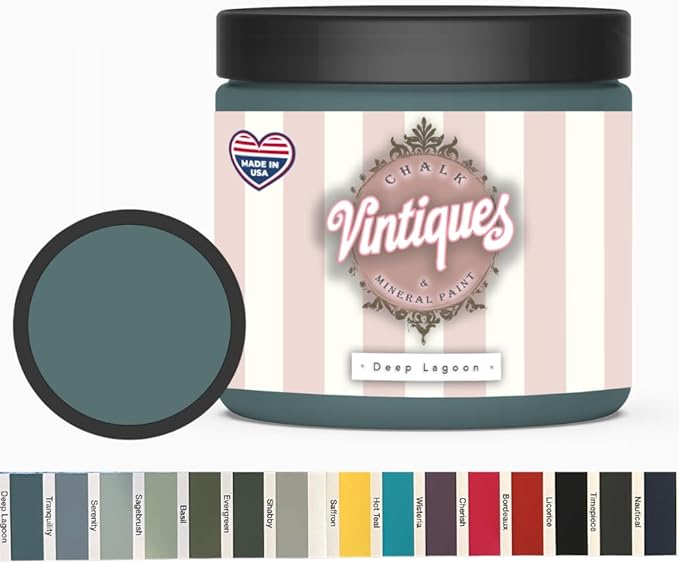 Vintiques Chalk & Mineral Paint, Deep Lagoon, 8oz - Matte Finish- Easy Application for DIY Projects - Furniture, Wood, Metal, Home Decor and More - includes color card