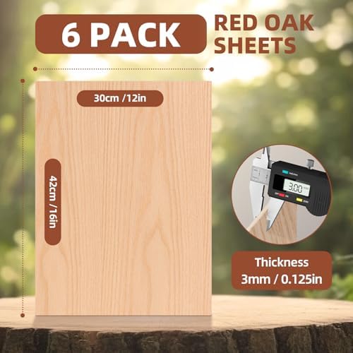 Rowood 6 Pack Oak Plywood Sheets 1/8,12x16x1/8inch,3mm Thin Unfinished Craft Wood for Laser Cutting Blanks,DIY Adult Project Kits for DIY Ornaments,Architectural Model