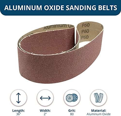 Benchmark Abrasives 2" x 36" Aluminum Oxide Sanding Belts for Grinding Deburring Polishing Rust Removal on Metal, Stainless Steel, and Carbon Steel, Use with Belt Disc Sander (6 Pack) - (80 Grit)