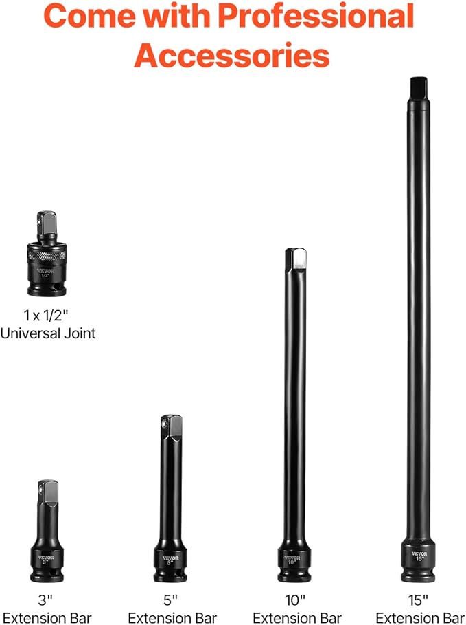 VEVOR Impact Socket Set, 1/2 Inches 43 Piece Impact Sockets, 1/2 Inches Drive Socket Set, High-torque Standard Socket Assortmen with 4 Extension Bars, 6-Point Sockets Metric 9-30mm (Standard/Deep)