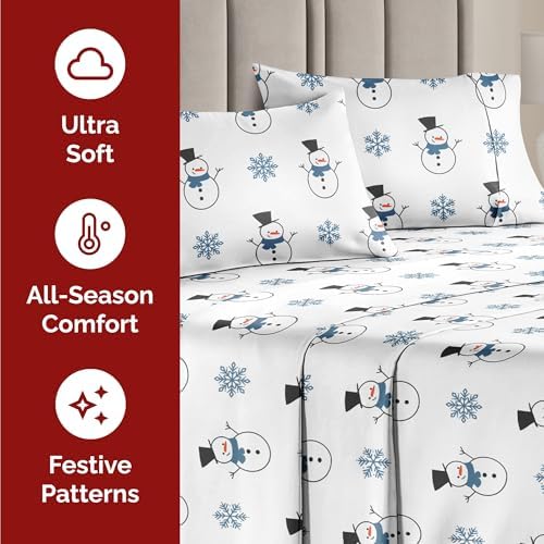 Christmas Sheet Set, Snowman, Festive Holiday Xmas Bedding Set - Queen Size