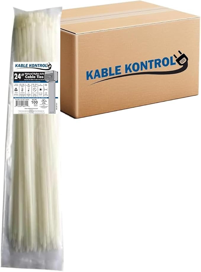 Kable Kontrol Cable Zip Ties, 24 Inch 1000 Pcs HD 175lbs Test Natural White | Nylon Plastic, Self Locking, UL Listed, Indoor Use