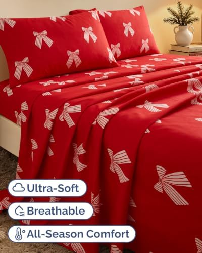 Christmas Sheet Set, Red Ribbon Bows, Holiday Xmas Bedding Set - Split King