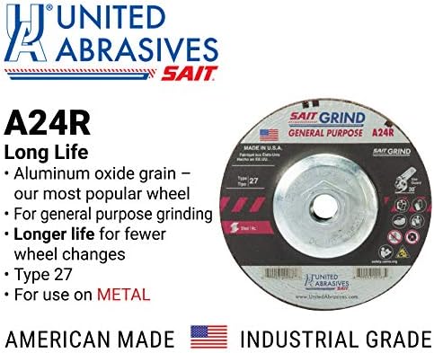 United Abrasives-SAIT 20086 A24R General Purpose/Long Life Grinding Wheel (Type 27/Depressed Center) 7" x 1/4" x 5/8-11",10-Pack