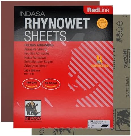 INDASA Rhynowet Red Line Wet Dry Sanding Sheets 9 x 11 Inch 180 Grit Waterproof Latex Backing Abrasive Paper for Wood Metal Automotive Surface Prep Pack of 50