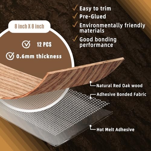 GSCIT Club 12 PCS Red Oak Wood Veneer, 8 inch x 8 inch Wood Edge Banding Pre-glued Flexible, Veneer Tape Banding for Cabinet Repair Furniture Restoration