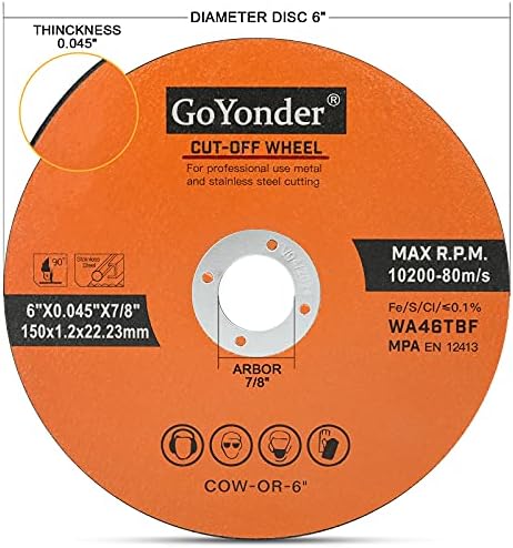 GoYonder 6 Inch Cut Off Wheels 6" x 0.045" x 7/8" Cutting Wheels for Die Grinders Cutting Discs 50 Pack