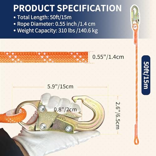 Rope Harness Safety Lanyard 50FT, Roofing Fall Protection Rope