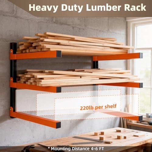 Wall Mounted Lumber Storage Rack and Wood Organizer with 6-Level Holds Up 1320 LBS, Heavy Duty Steel Shelf Brackets for Garages Workshops & Outdoor Sheds, Space Saving Metal Wall Rack