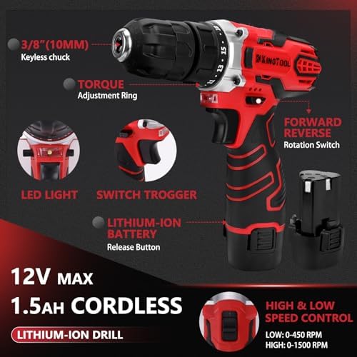KingTool 276-Piece Tool Set Kit with 12V Cordless Power Drill (Red Black)