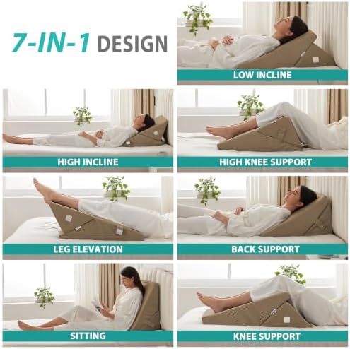 Bedluxe Wedge Pillow for Sleeping, Adjustable 9&12 Inch Foldable Bed Wedge Pillow Set, Orthopedic Memory Foam Triangle Pillows Wedge, 7-in-1 Elevated Pillows for Leg and Back Support, Brown