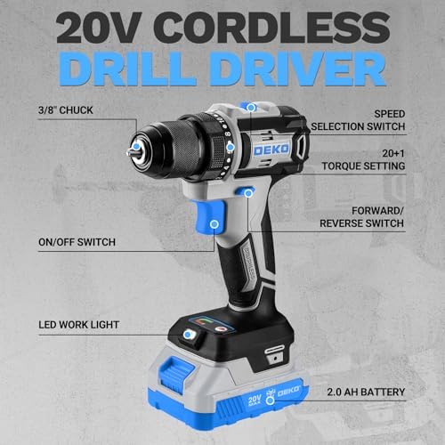 Cordless Drill & Impact Driver: DEKOPRO 20V Brushless Power Drill and 20V Brushless Impact Driver Set, Power Tool Set with 2 x 2.0Ah Batteries, Charger, Bag& 52 x Accessories-Blue