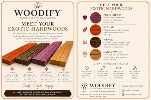 Exotic Hardwood Hobby Pack, 3/4" x 2" x 12", Purpleheart Padauk Wenge Canarywood Premium Lumber for Cutting Board, Charcuterie Board, and Woodworking Projects (2x12)