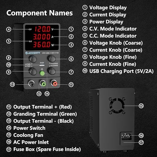 DC Power Supply Variable, 0-120V 0-3A Adjustable Switching DC Regulated Bench Power Supply with High Precision 4-Digit LED Display, 5V/2A USB Port, Coarse and Fine Adjustment SPS-12003