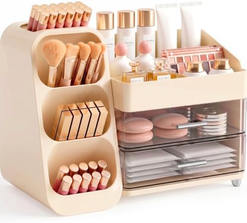 Booklov Large Makeup Organizer for Vanity Countertop, Cream