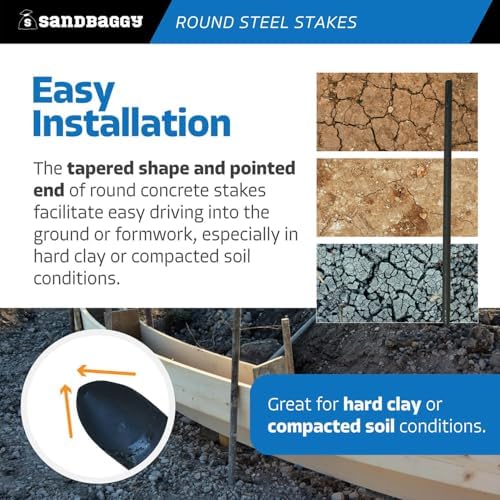 Sandbaggy 60 Inch Round Steel Concrete Form Stakes with Nail Holes, Heavy Duty Rust Resistant Form Pins for Concrete Forms, Slabs, Driveways, Sidewalks, Curbs & Footings, 10 Pack, 3/4 in x 60 in