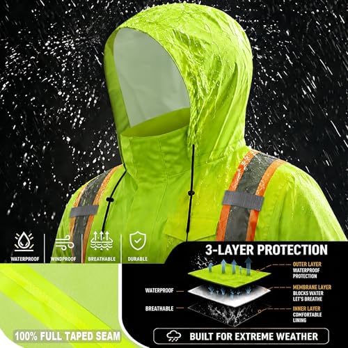Rain Suits for Men Waterproof Reflective High Visibility Rain Gear Mens Heavy Duty, Hi Vis Rain Jacket & Pants with Black Bottom Class 3 ANSI/ISEA Compliant, Yellow Black S/M