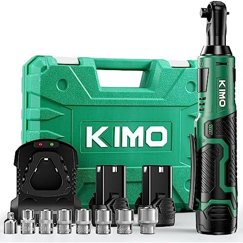 KIMO Cordless Electric Ratchet Wrench Set, 40Ft-lbs, 400RPM, 12V Cordless Ratchet Wrench 3/8" w/Variable Speed Trigger, 7Sockets, 1/4" Adapter, Forward/Reverse Switch, 2Battery Power Ratchet w/Charger