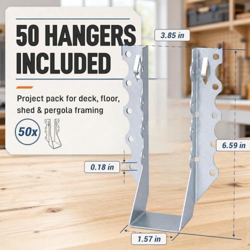 50 Pack 2x8 Joist Hangers, 20 Gauge Galvanized Wood Connectors