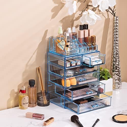 Sorbus Makeup Organizer, 6-Drawer Acrylic 2-Piece Set (Blue Brilliance)