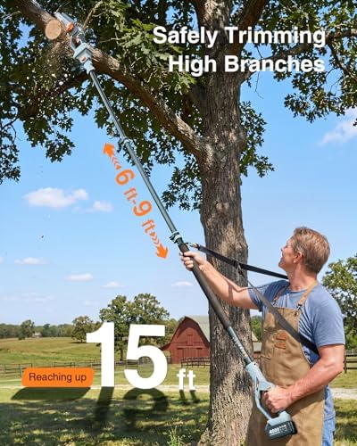 TaskStar 2-in-1 Pole Saw for Tree Trimming, 8-Inch Cordless Brushless Chainsaw with Adjustable Extension Pole, 2×4.0Ah Rechargeable Batteries & Charger, Auto Oiling, 15 Ft Max Reach