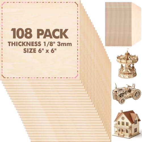 108 Pack Basswood Sheets for Crafts, 6"x6"x1/8" 3mm Thick Plywood Sheets with Smooth Surfaces-Unfinished Squares Wood Boards for Laser Cutting, Wood Burning, Architectural Models, Staining