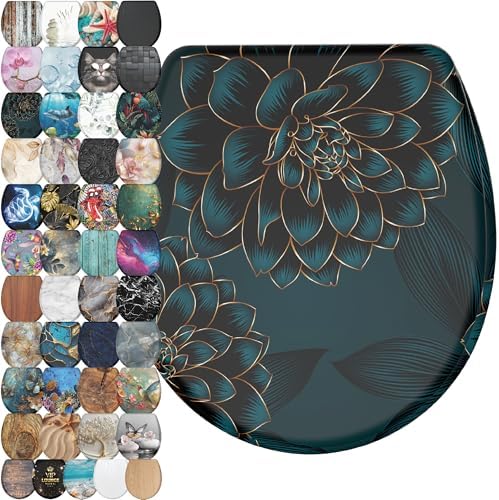 Sanilo Wooden Toilet Seat with Quick Release & Soft Close [ROUND] - Decorative & Slow Close Molded Wood Seat - With One Click for Easy Installation & Cleaning - With Adjustable Fit (Dahlia)