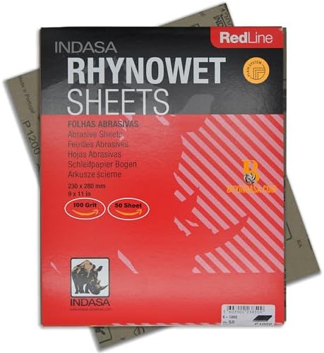 INDASA Rhynowet Red Line Wet Dry Sanding Sheets 9 x 11 Inch 100 Grit Waterproof Latex Backing Abrasive Paper for Wood Metal Automotive Surface Prep Pack of 50