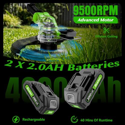 20V Electric Weed Wacker Edger Lawn Tool, Battery Powered Weed Eater 12-Inch Cordless String Trimmer Grass Trimmer Lightweight Yard Tools for Garden, Lawn Mower Cutter 2.0Ah Battery and Charger Green