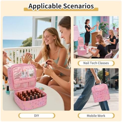 CUBETASTIC Nail Polish Organizer Bag, Double Layer Nail Tech Travel Case Holds 27 Bottles & Nail Lamp, Pink Nail Storage Organizer Box for Supplies, Portable Manicure Case