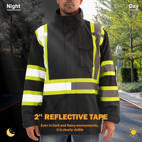 Reflective Rain jackets for men waterproof,Hi Vis Safety Coat With Reflective Strips，High Visibility Class 3 Rain jackets With 2 large pockets，Zipper,Black ，4XL/5XL