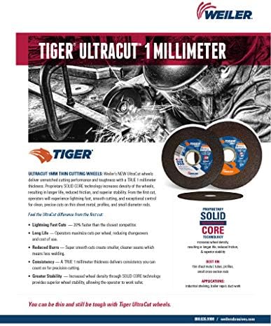 Weiler 58131 5 Inch Cutting Wheel, Tiger INOX Stainless Steel Ultracut 1 mm Contaminant-Free High Performance Thin Cutting, 1mm INOX60T Type 1 7/8" Arbor, Pack of 50