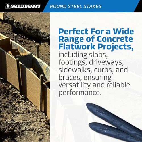 Sandbaggy 12 Inch Round Steel Concrete Form Stakes with Nail Holes, Heavy Duty Rust Resistant Form Pins for Concrete Forms, Slabs, Driveways, Sidewalks, Curbs & Footings, 40 Pack, 3/4 in x 12 in